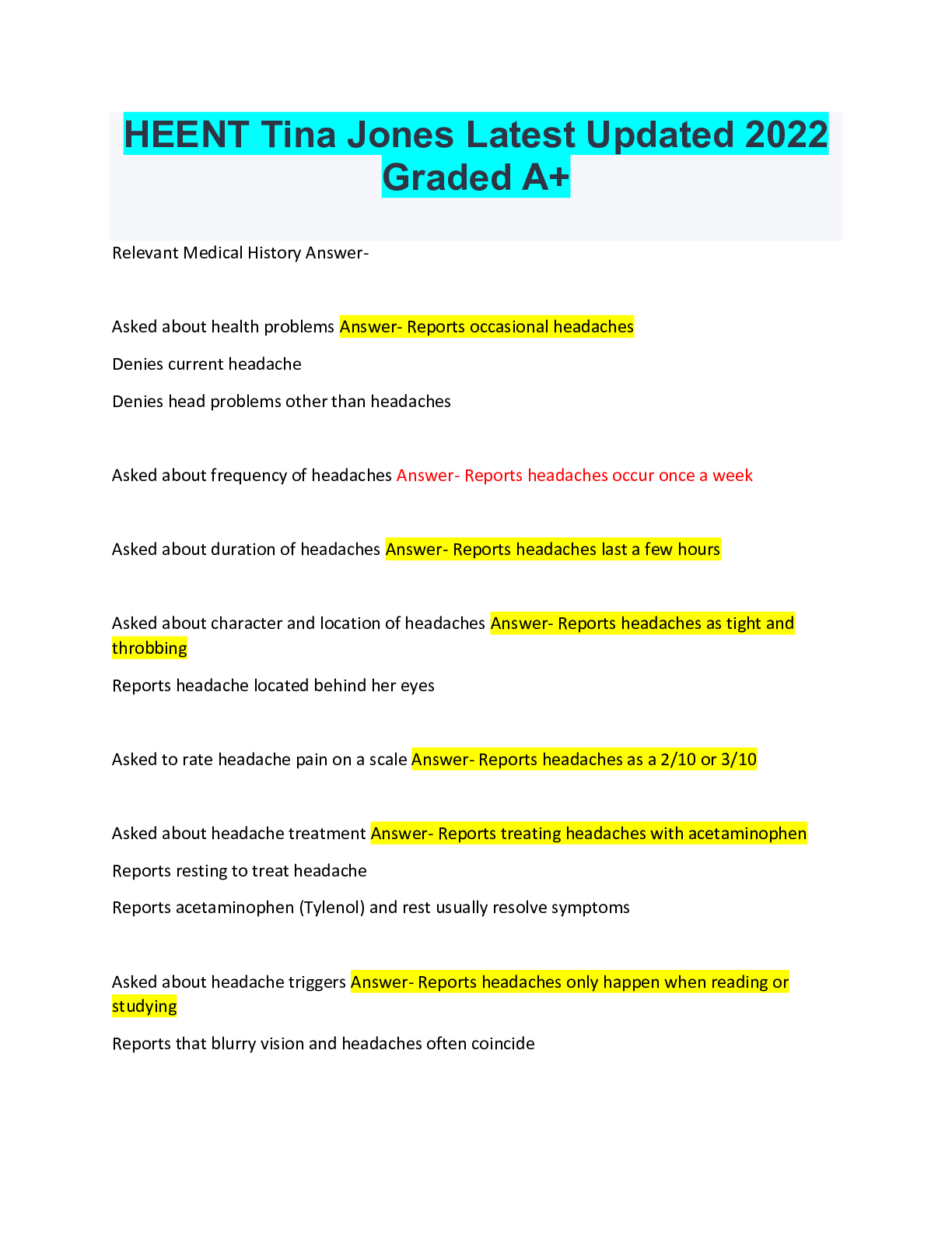 Preview image for HEENT Tina Jones Latest Updated 2022 Graded A+